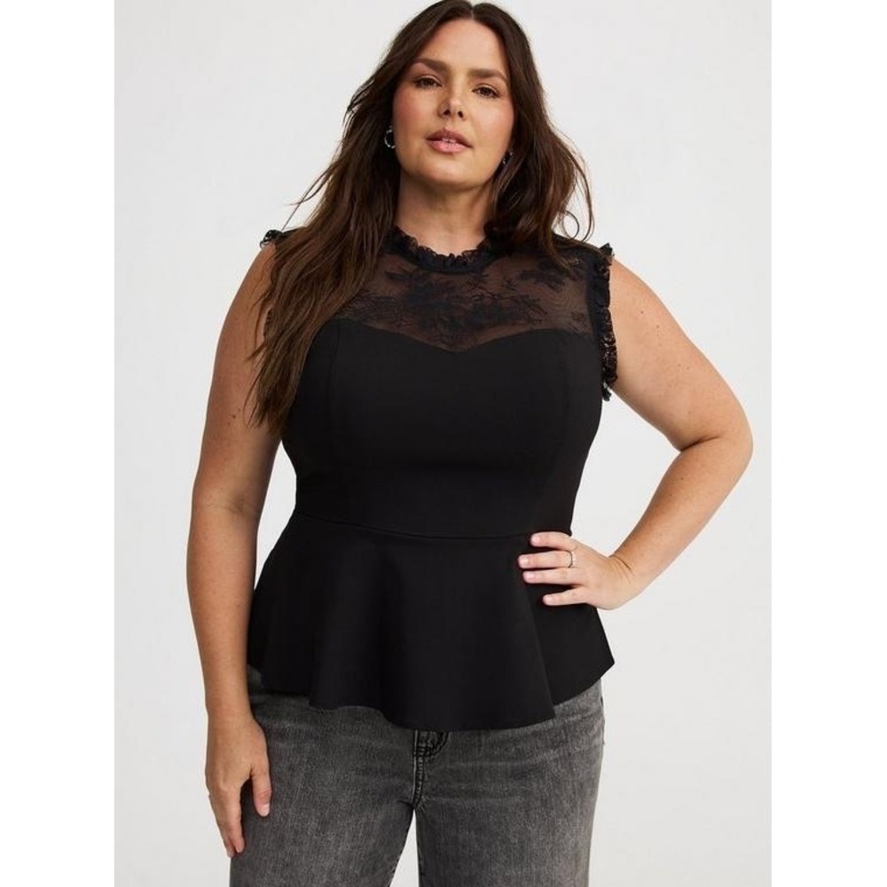 NWT Torrid Bengaline Lace Peplum‎ Top Deep Black Sleeveless Plus 3X 22-24 FUN